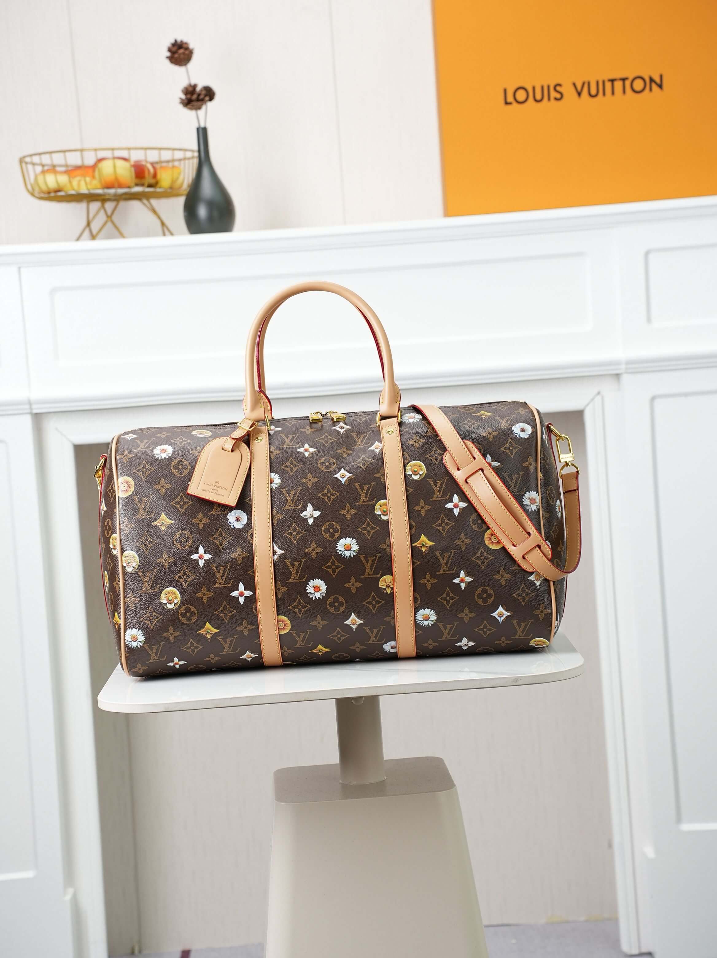 Louis Vuitton Keepall Style Travel Bag Brown Monogram Floral