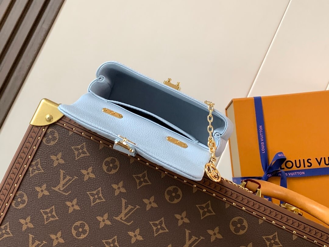 Louis Vuitton Monogram Empreinte Leather Micro Metis Light Blue Crossbody Bag with Gold Hardware and Luxury Trunk Display - Image 9