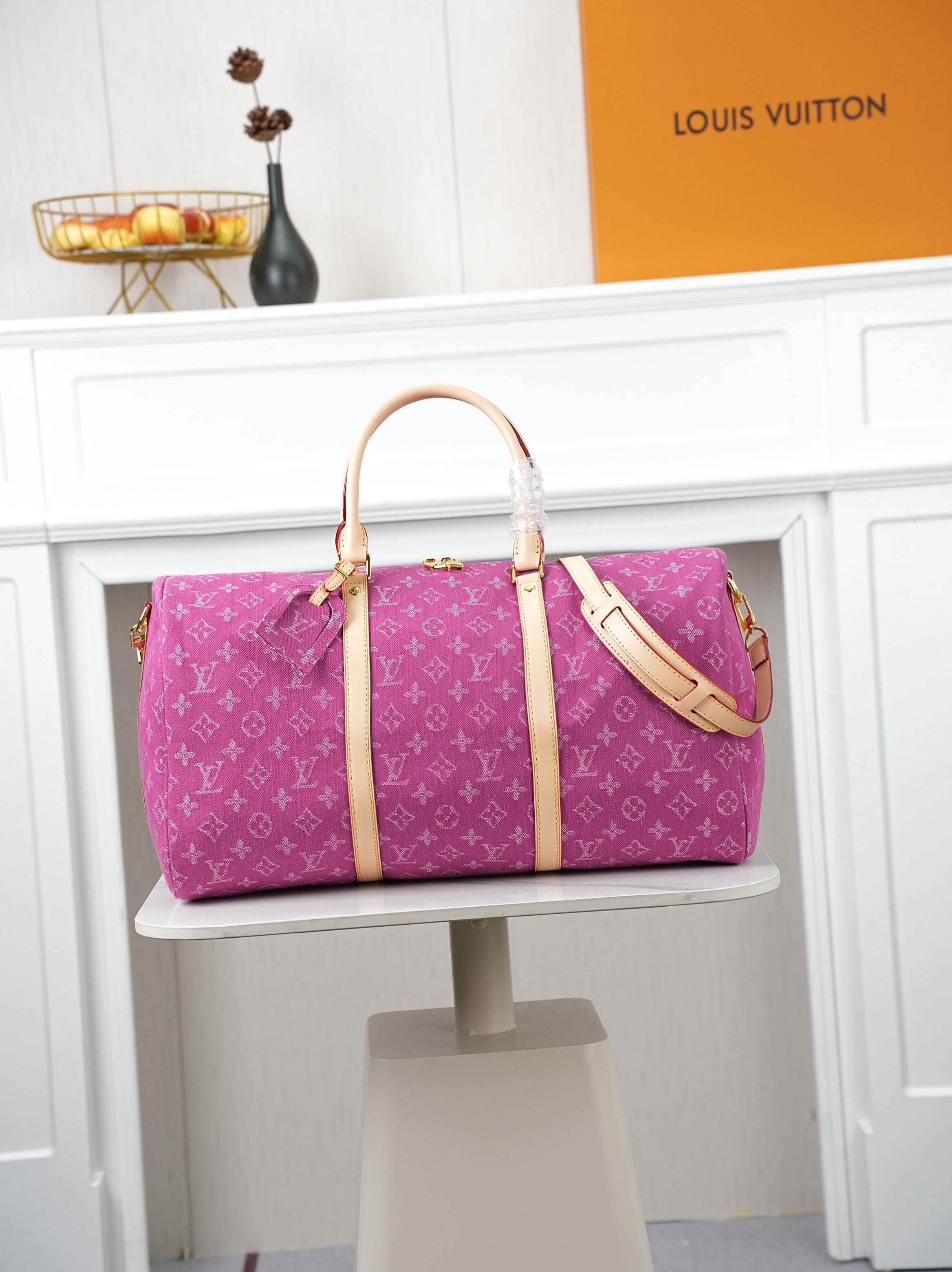 Louis Vuitton Keepall Style Travel Bag Pink Monogram Denim
