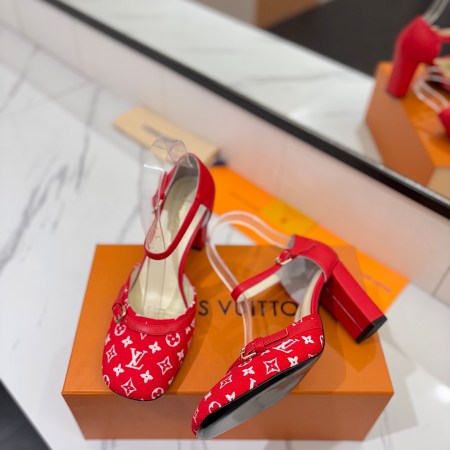 Louis Vuitton Red Monogram Canvas & Leather D’Orsay Ankle Strap Block Heels