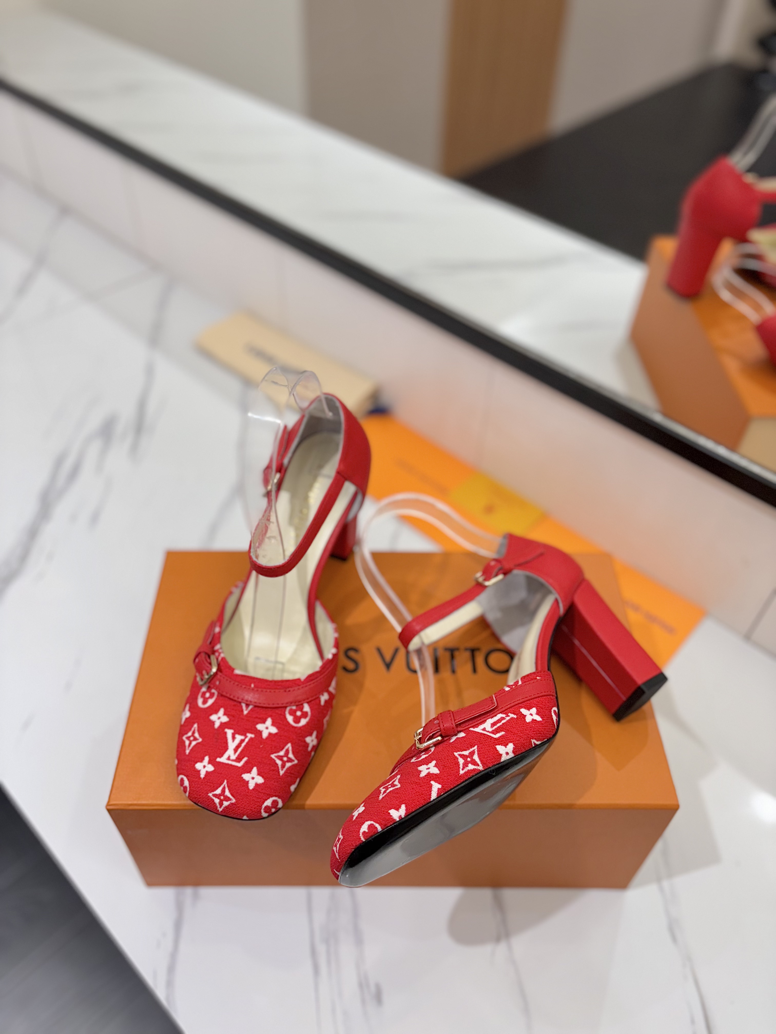 Louis Vuitton Red Monogram Canvas & Leather D’Orsay Ankle Strap Block Heels