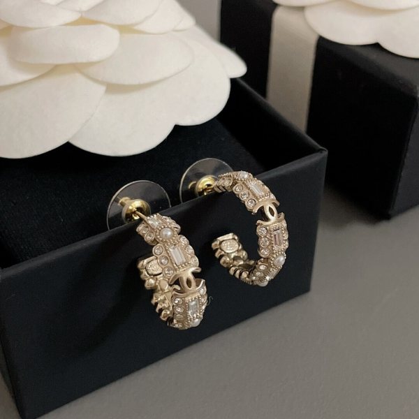 Chanel CC Logo Hoop Earrings in Champagne Gold with Crystal & Pearl Accents