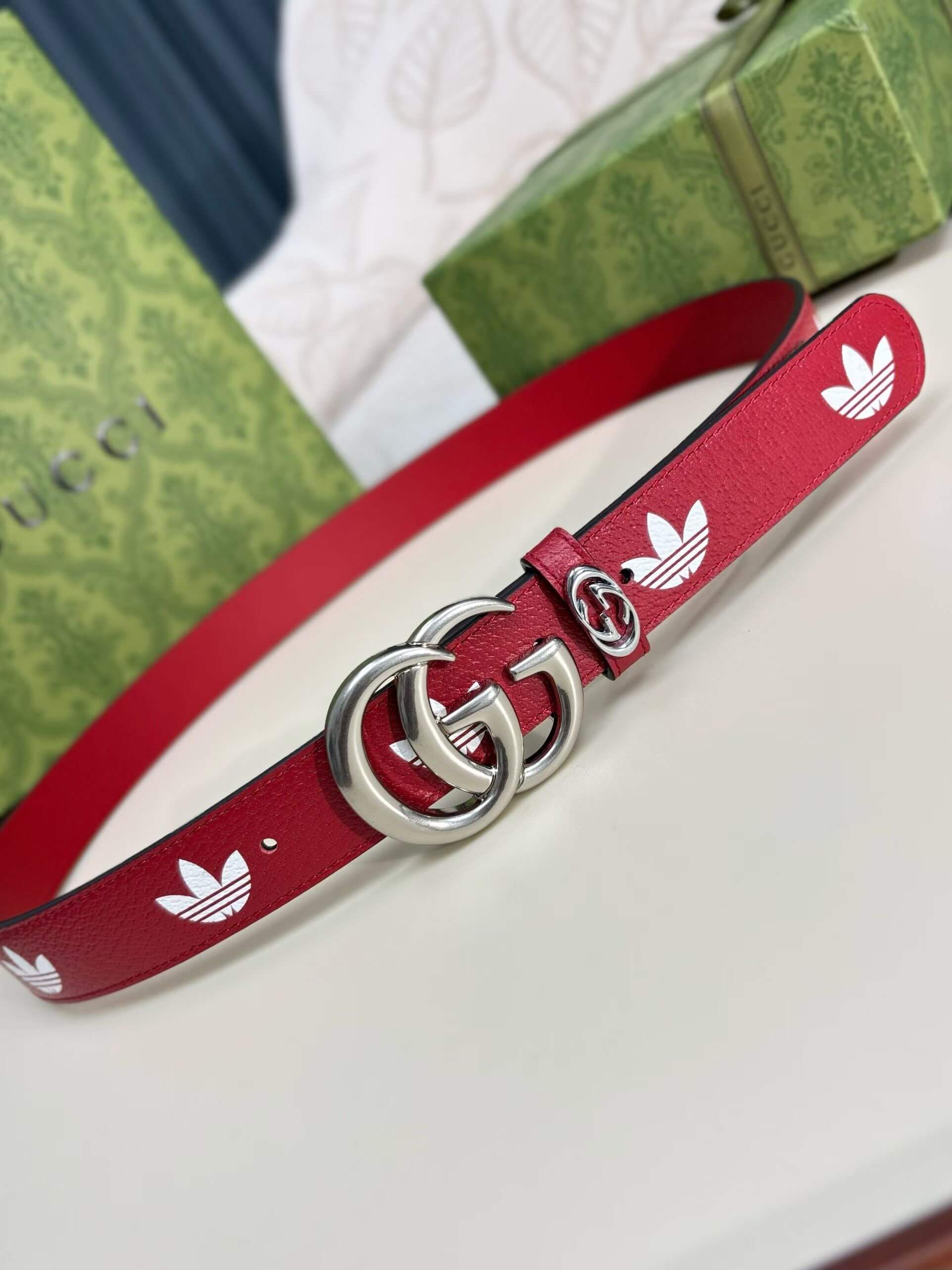 Adidas x Gucci Marmont Leather Belt with Trefoil Print and Double G Buckle - Image 4