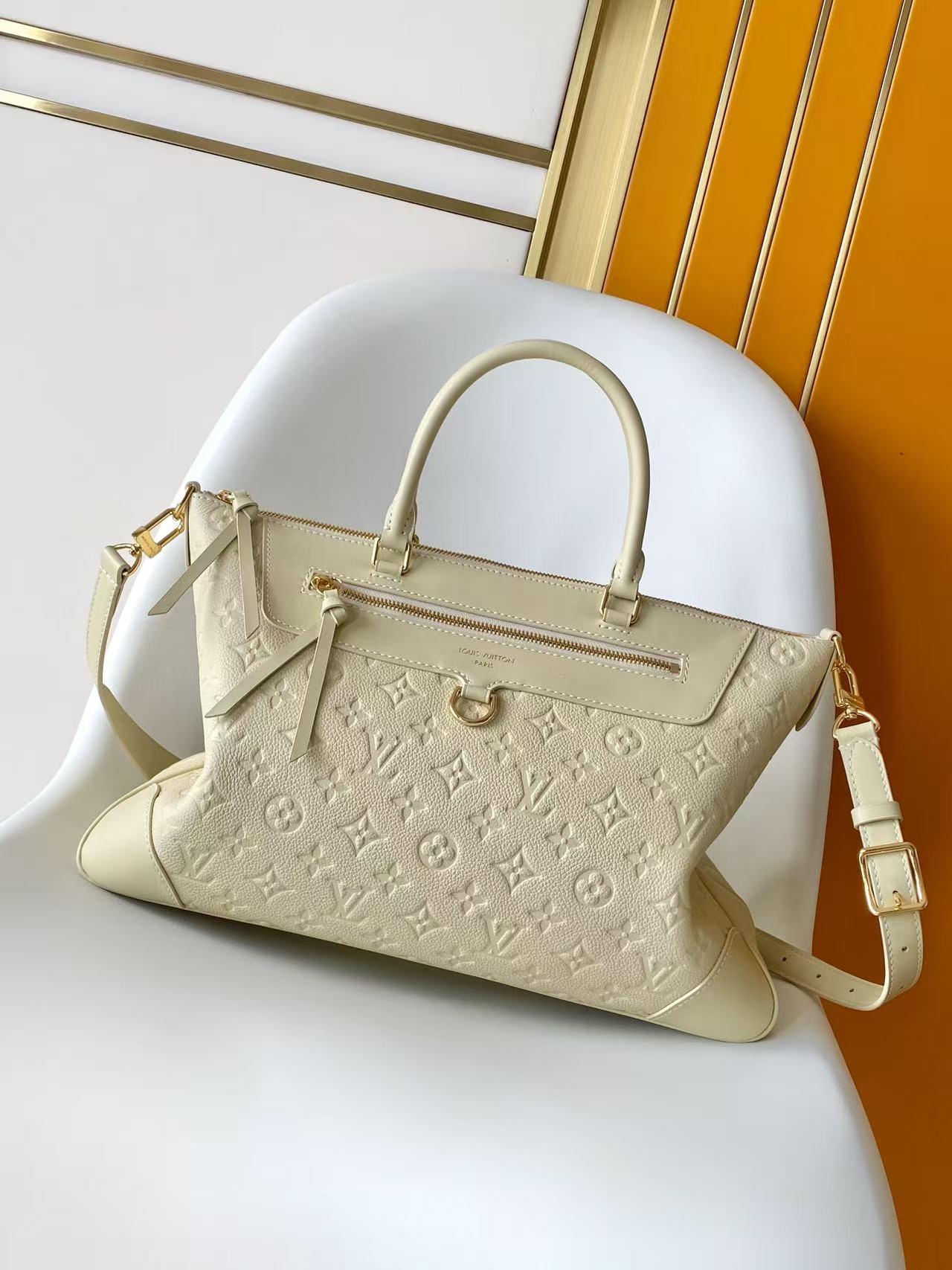 Louis Vuitton Vaugirard Monogram Empreinte Leather Cream Beige Satchel Tote Shoulder Bag