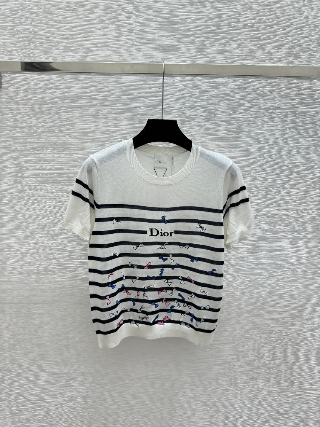 Christian Dior Striped Short Sleeve Knit Top with Bow Embroideries – Crew Neck T-Shirt - Image 3