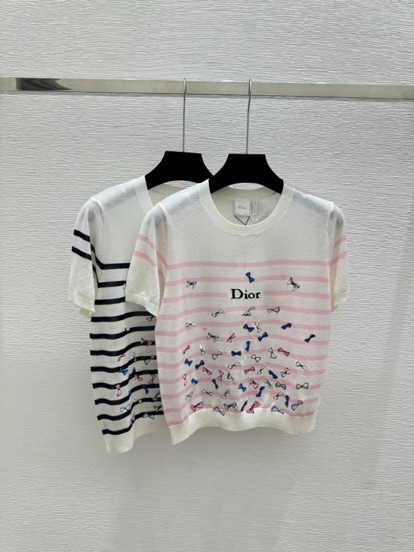 Christian Dior Striped Short Sleeve Knit Top with Bow Embroideries – Crew Neck T-Shirt