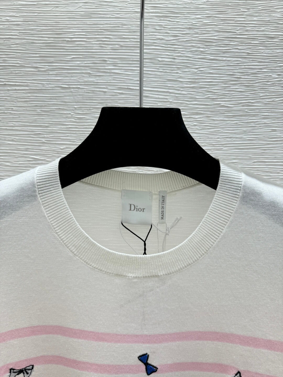 Christian Dior Striped Short Sleeve Knit Top with Bow Embroideries – Crew Neck T-Shirt - Image 7