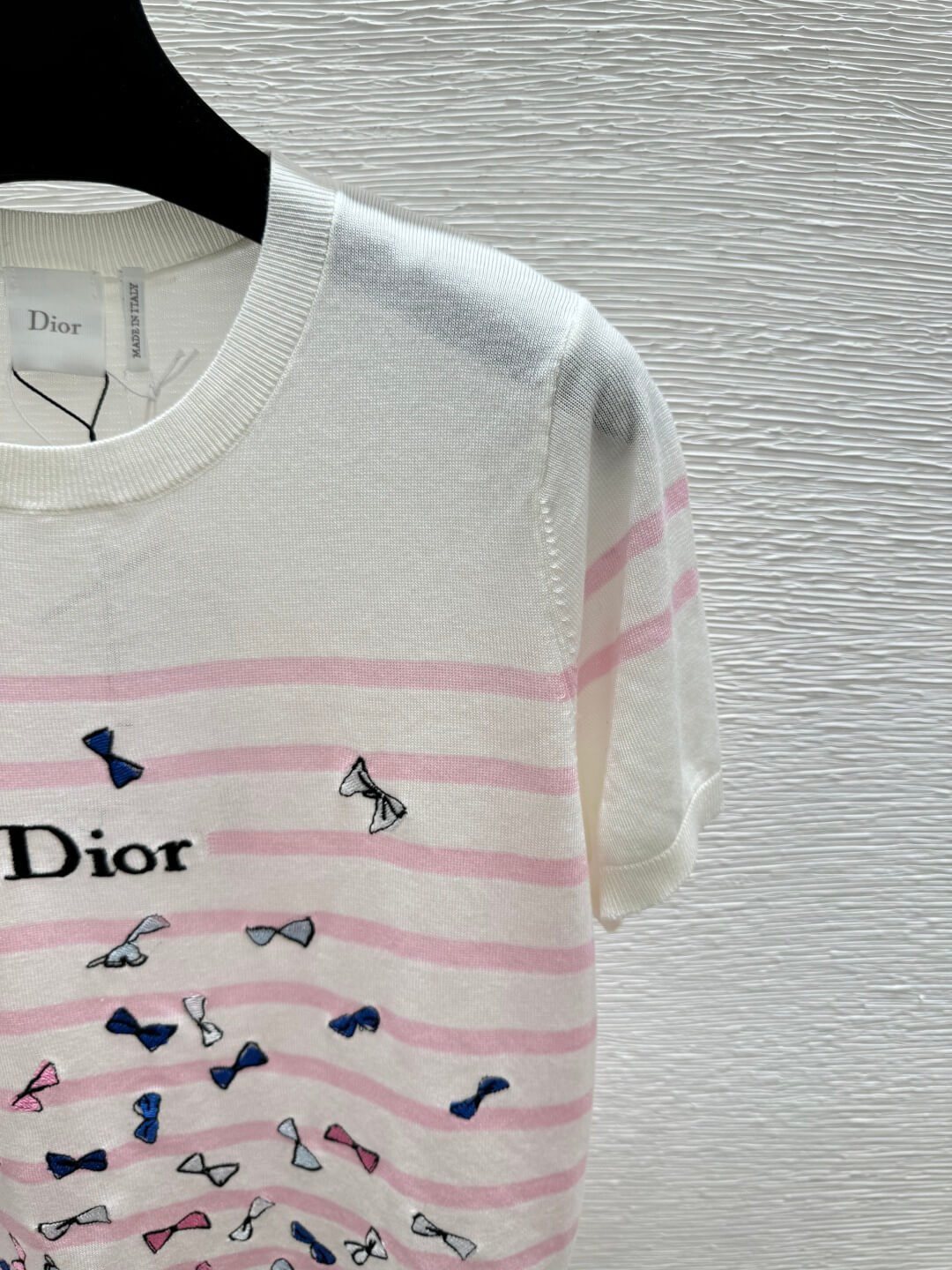 Christian Dior Striped Short Sleeve Knit Top with Bow Embroideries – Crew Neck T-Shirt - Image 8