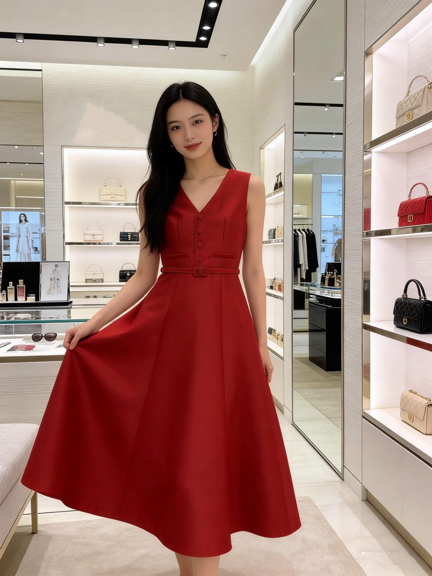 Christian Dior V-Neck Sleeveless Button-Front Belted Mid-Length Flare Dress