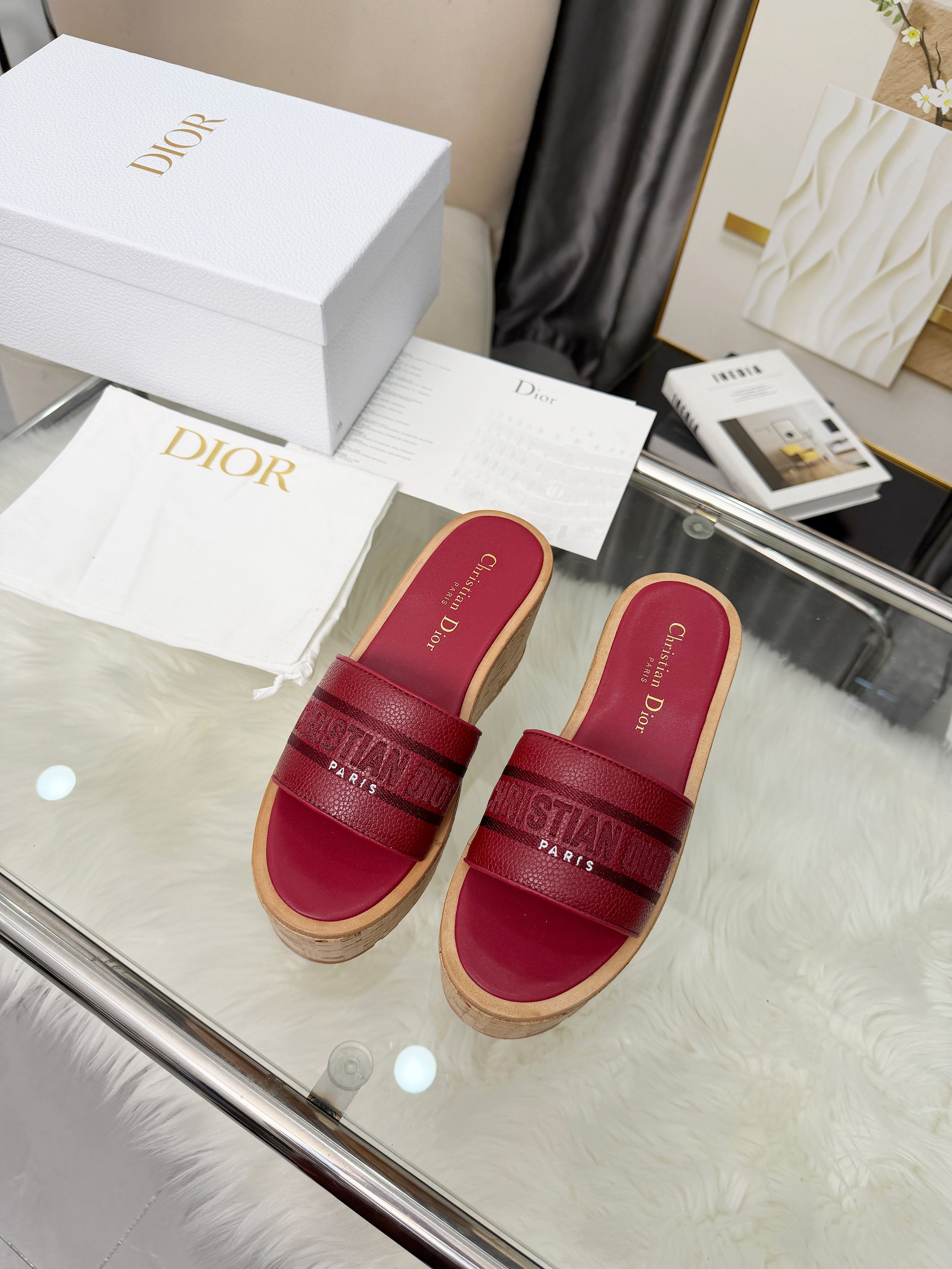 Dior-Inspired Red Leather Strap Cork Wedge Slides - Image 7