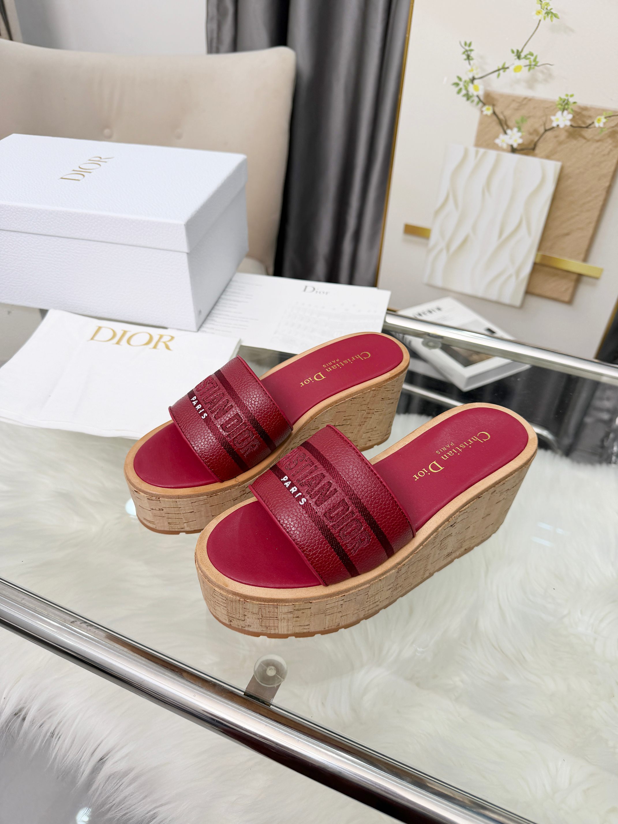 Dior-Inspired Red Leather Strap Cork Wedge Slides - Image 6