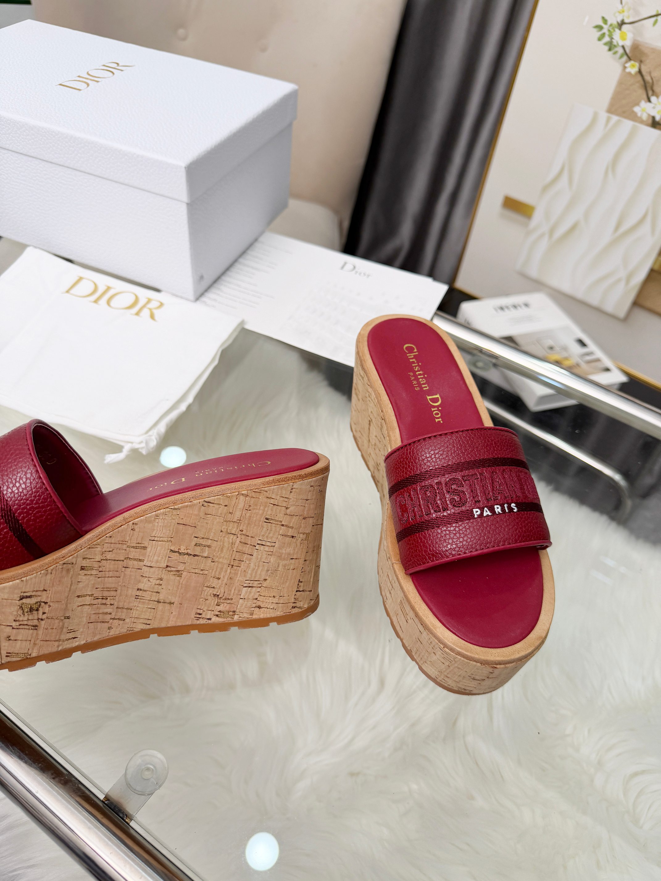 Dior-Inspired Red Leather Strap Cork Wedge Slides - Image 5