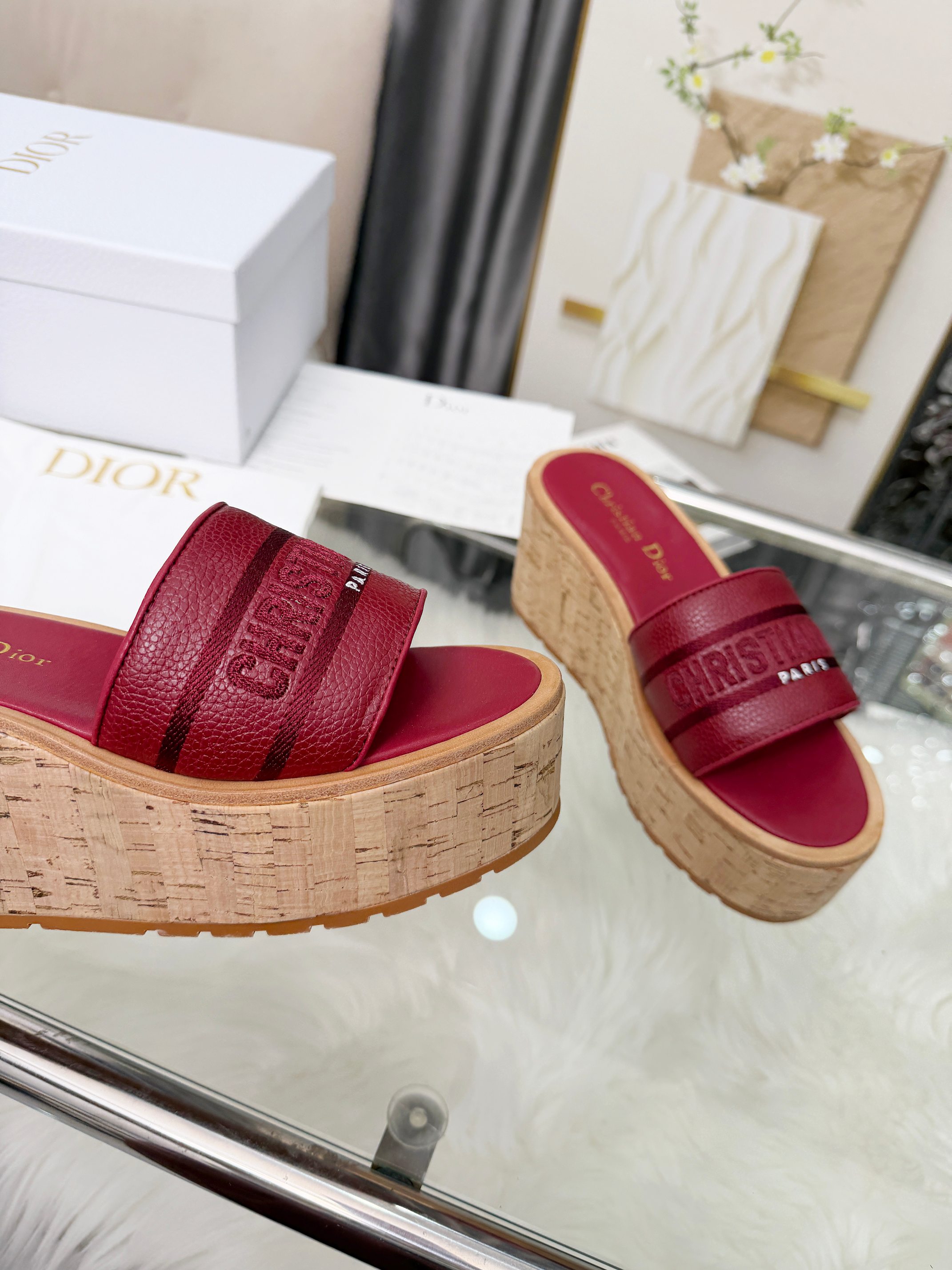 Dior-Inspired Red Leather Strap Cork Wedge Slides - Image 4