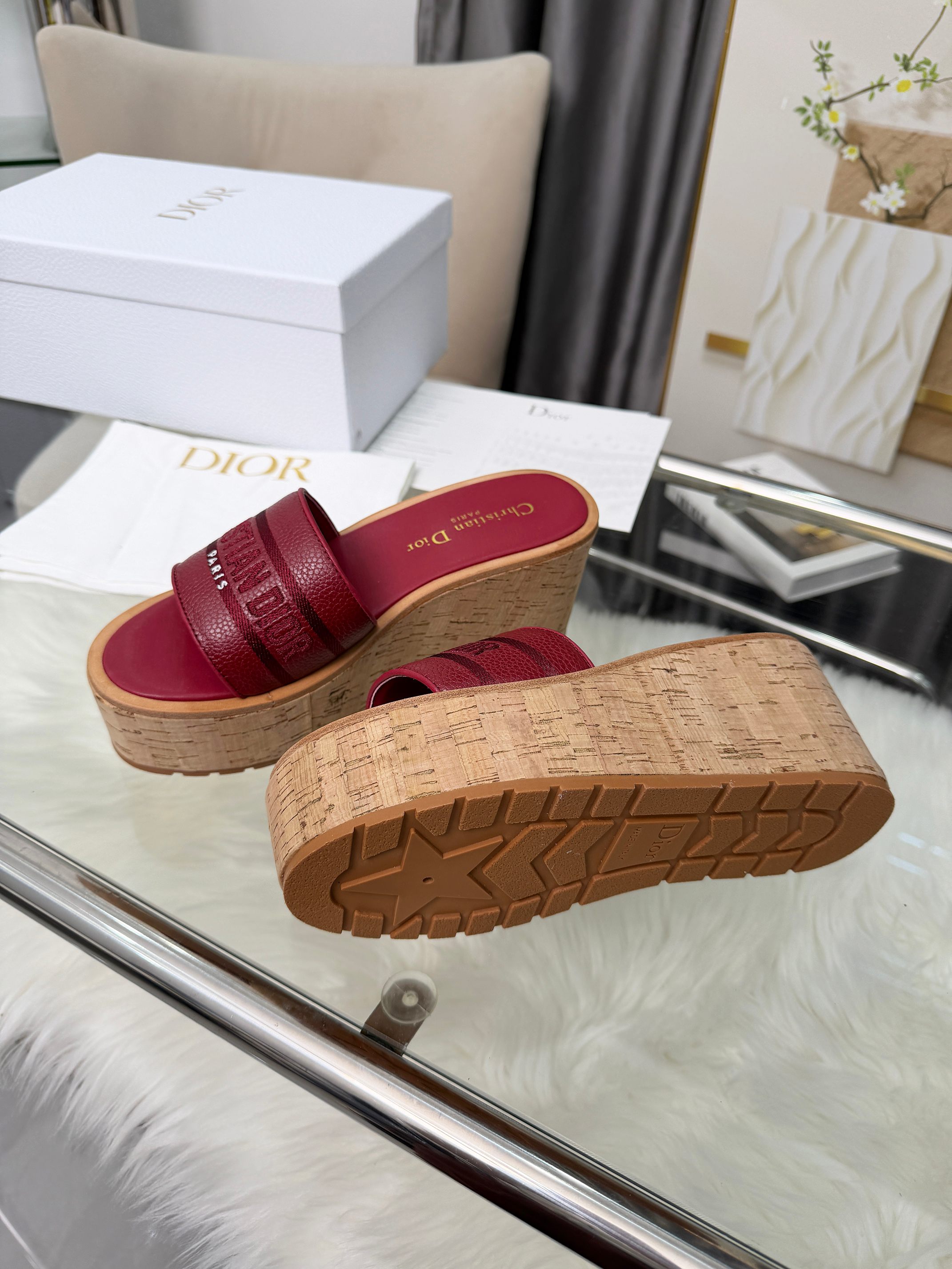 Dior-Inspired Red Leather Strap Cork Wedge Slides - Image 2
