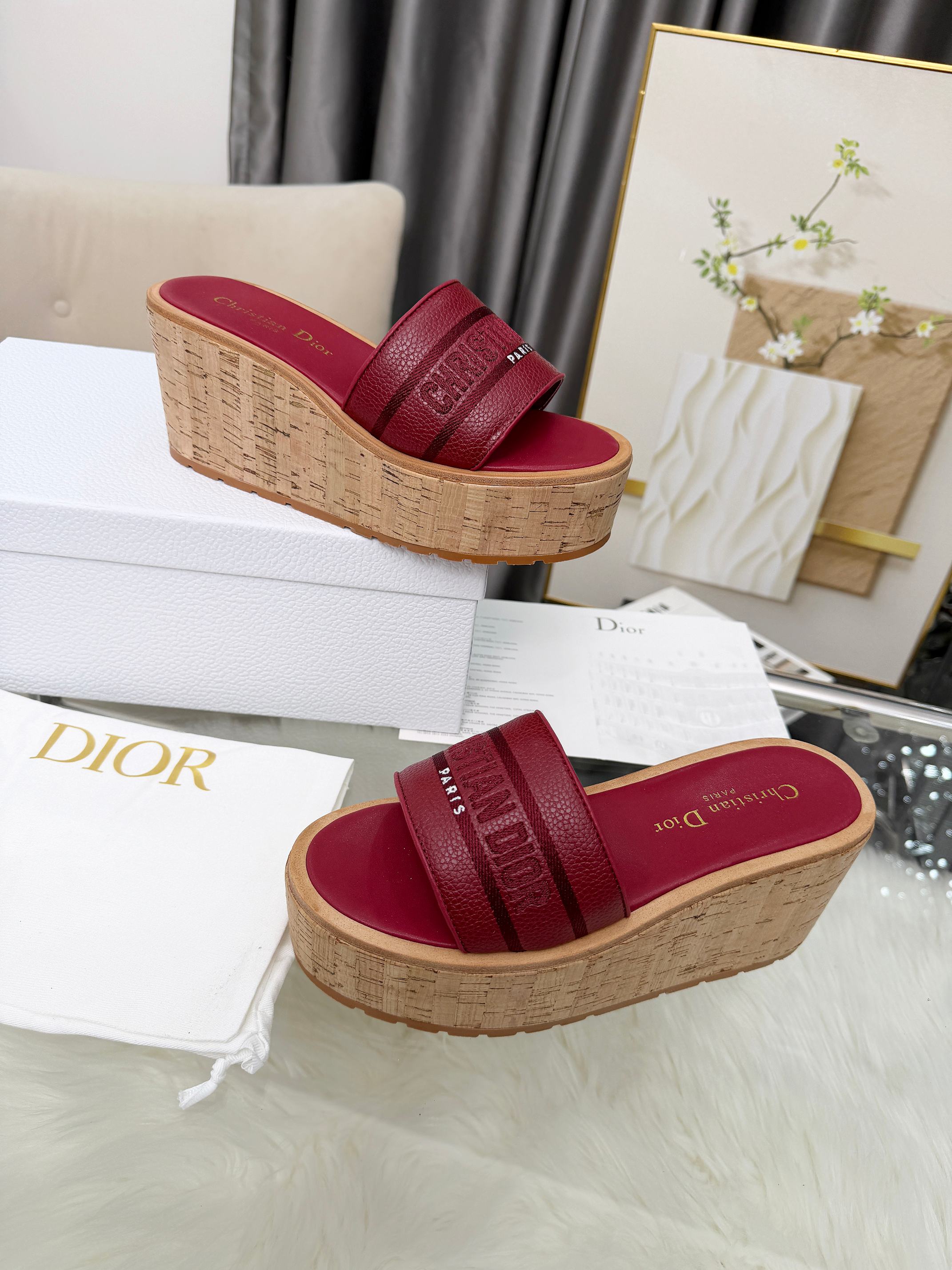 Dior-Inspired Red Leather Strap Cork Wedge Slides