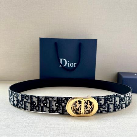 Dior Reversible Belt 35mm Blue Dior Oblique Jacquard with Gold-Finish CD Buckle