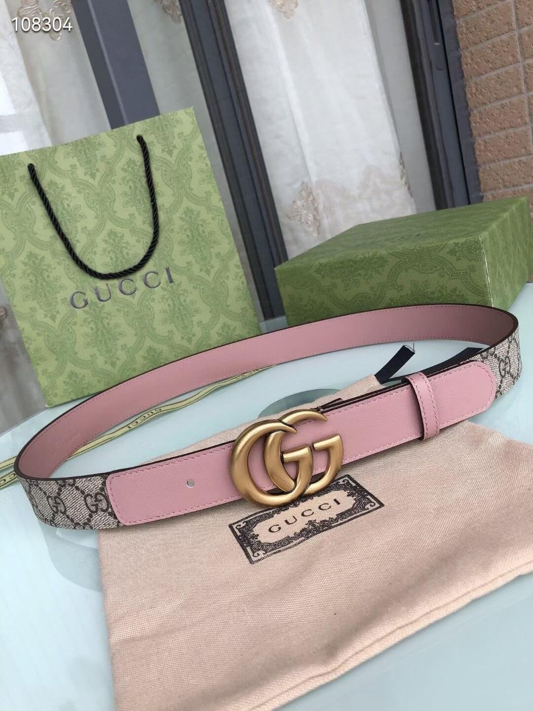 Gucci GG Marmont Reversible GG Supreme Canvas and Pink Leather Belt