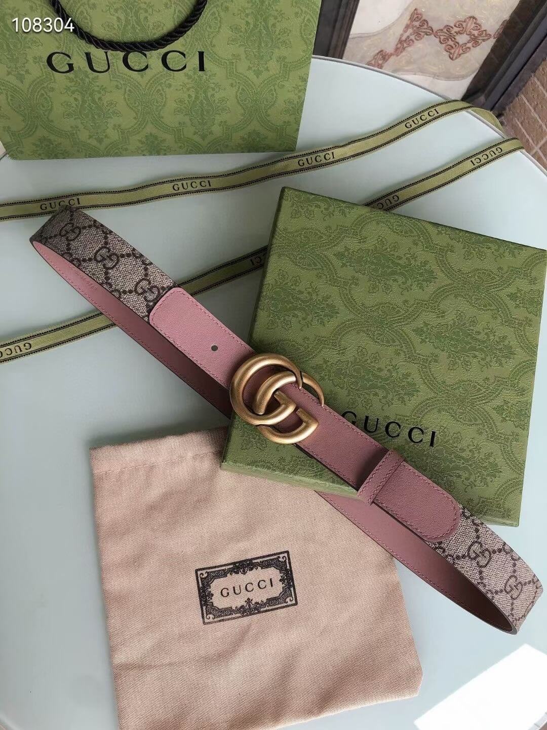 Gucci GG Marmont Reversible GG Supreme Canvas and Pink Leather Belt - Image 5
