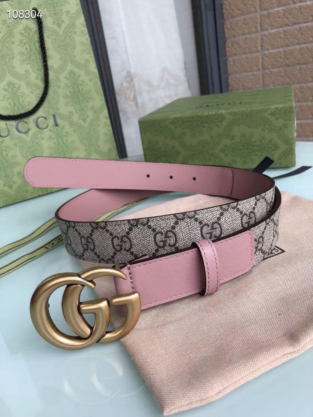 Gucci GG Marmont Reversible GG Supreme Canvas and Pink Leather Belt - Image 7