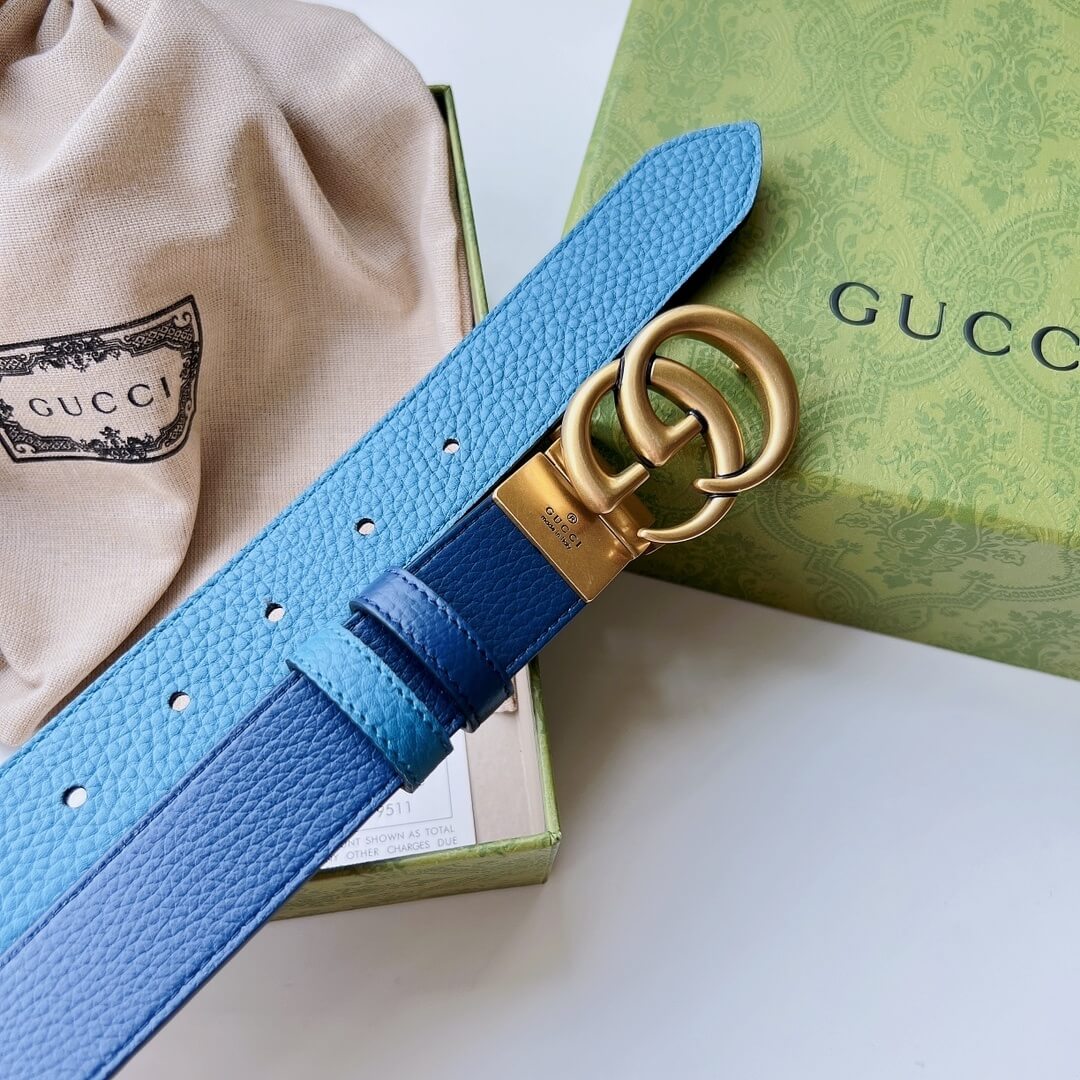 Gucci GG Marmont Reversible Gancini Leather Belt in Light Blue and Dark Blue.