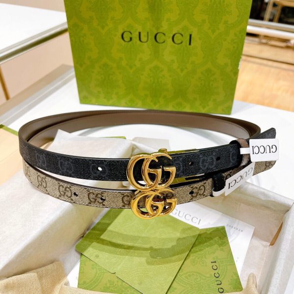 Gucci GG Marmont Reversible Slim Leather Belt – Double-Sided Waist Belt with Distressed Double G Buckle, 2.0cm Wide