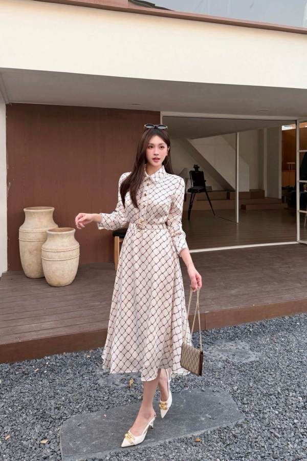 Gucci Horsebit Geometric Print Silk Shirt Dress