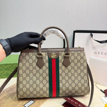 Gucci Ophidia GG Medium Tote Bag with Web Stripe and Shoulder Strap.