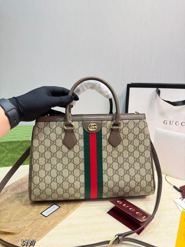 Gucci Ophidia GG Medium Tote Bag with Web Stripe and Shoulder Strap.