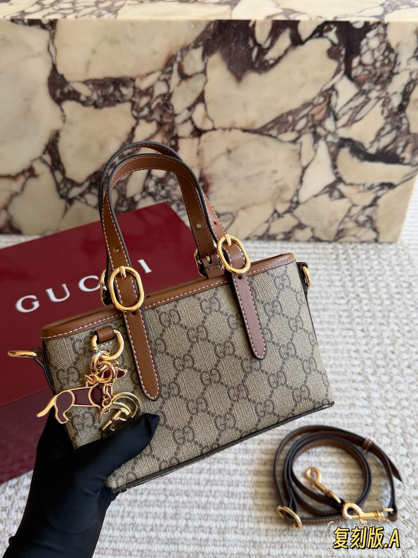 Gucci Ophidia Mini GG Supreme Tote Bag with Interlocking G Charm and Adjustable Shoulder Strap