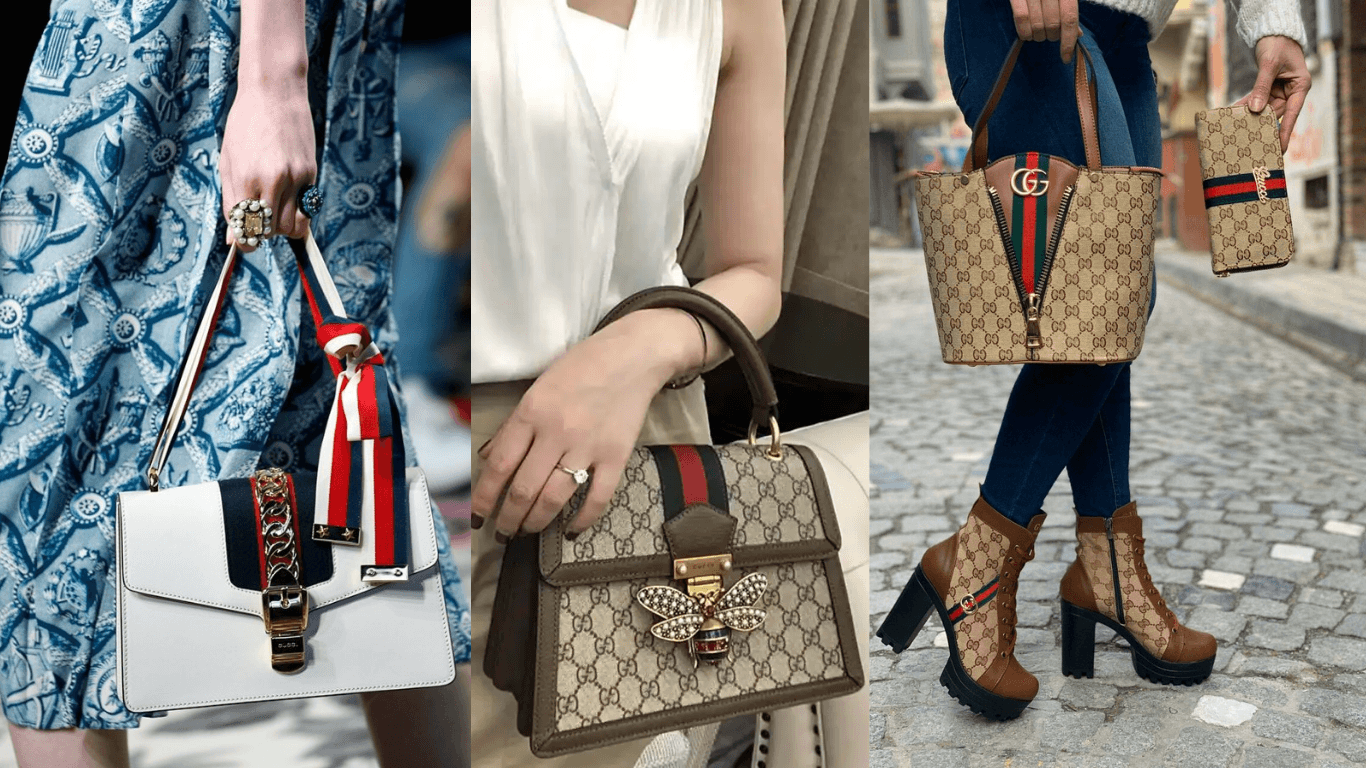 Three styles of luxury Gucci handbags for women, featuring a white leather Sylvie shoulder bag with a ribbon strap, a GG Supreme canvas Queen Margaret top-handle bag with a crystal bee motif, and a GG monogram tote bag paired with matching heeled boots.