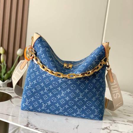 Louis Vuitton Monogram Denim Loop Hobo Bag Blue Washed Denim Gold Chain Shoulder Bag Baguette Bag