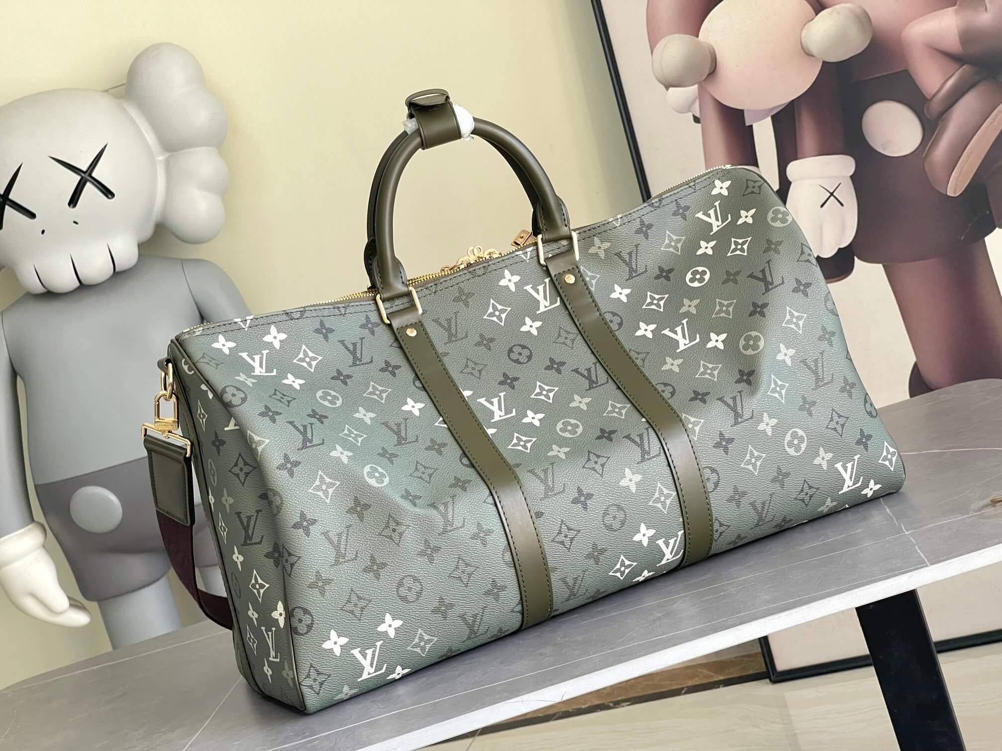 Louis Vuitton Monogram Eclipse Keepall Bandoulière 50 Khaki Green Travel Bag - Image 10