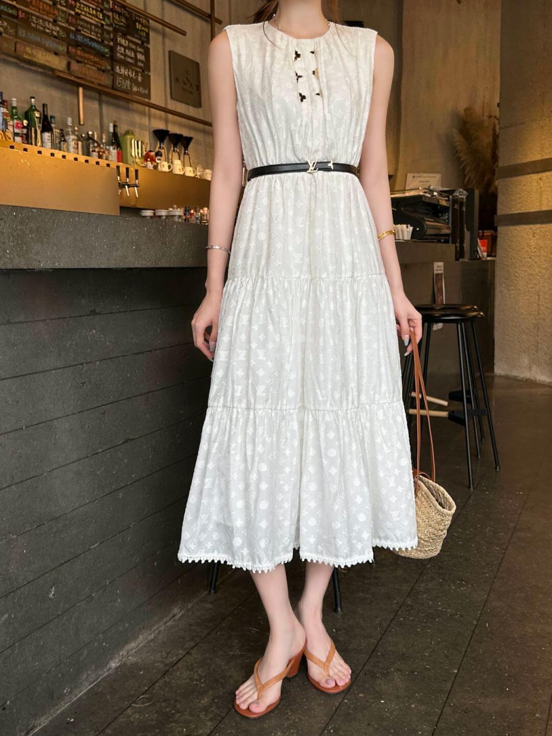 Louis Vuitton Monogram Fil Coupé Belted Sleeveless Tiered Midi Dress - Image 4