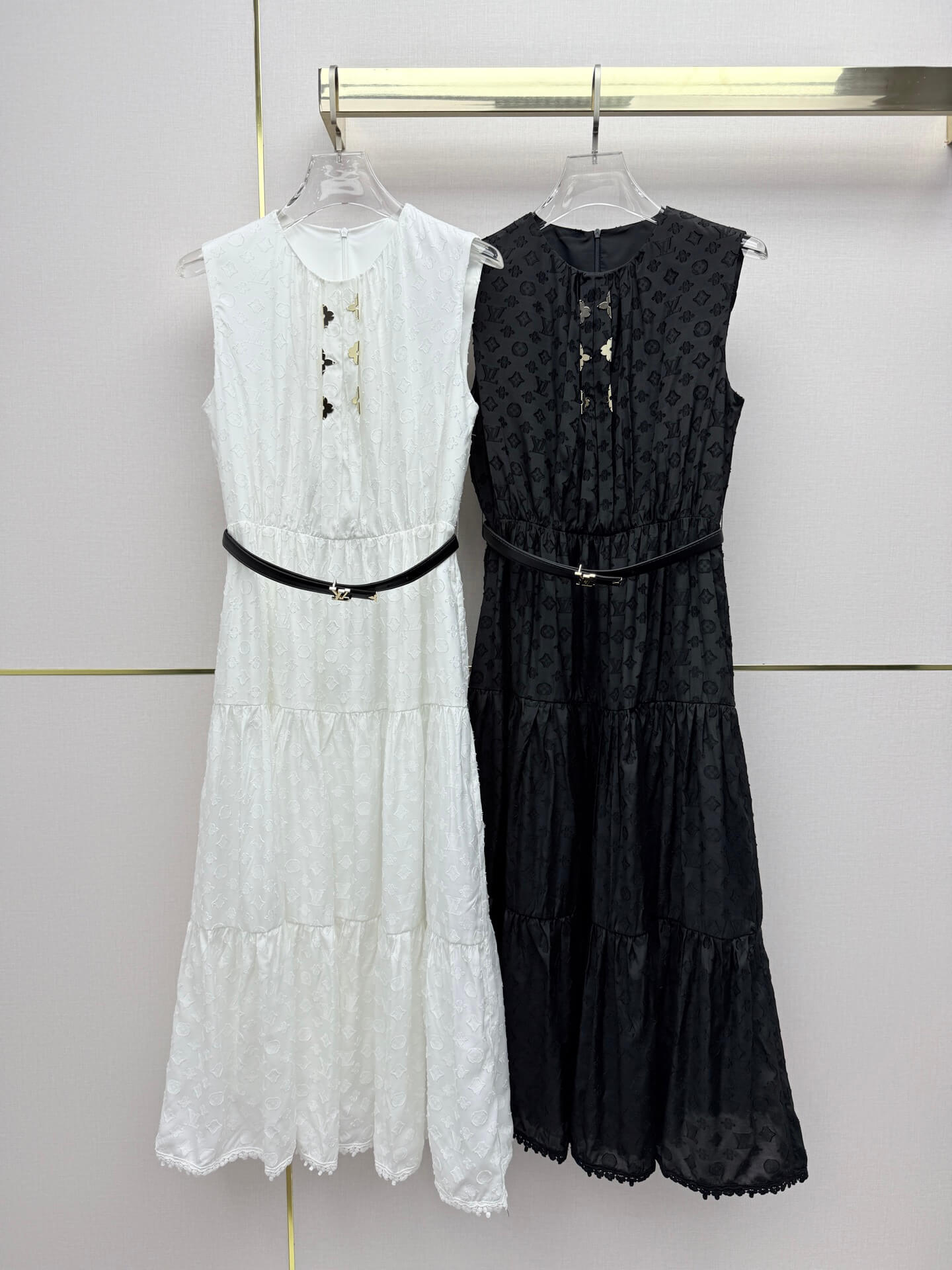 Louis Vuitton Monogram Fil Coupé Belted Sleeveless Tiered Midi Dress