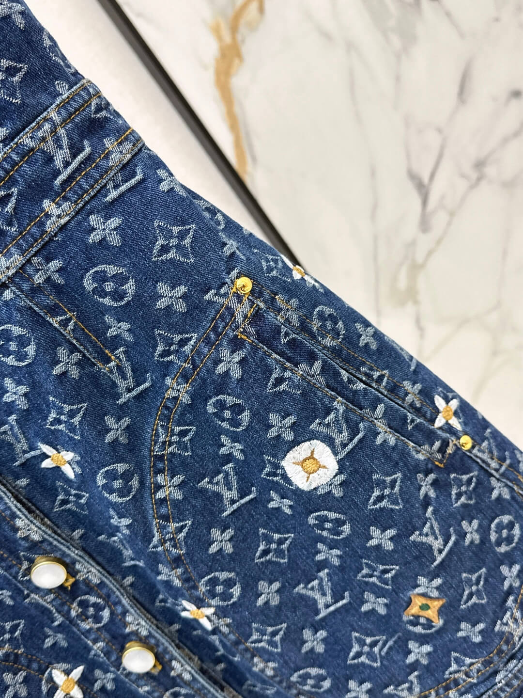 Louis Vuitton Monogram Floral Embroidered Sleeveless Denim Mini Dress. - Image 8