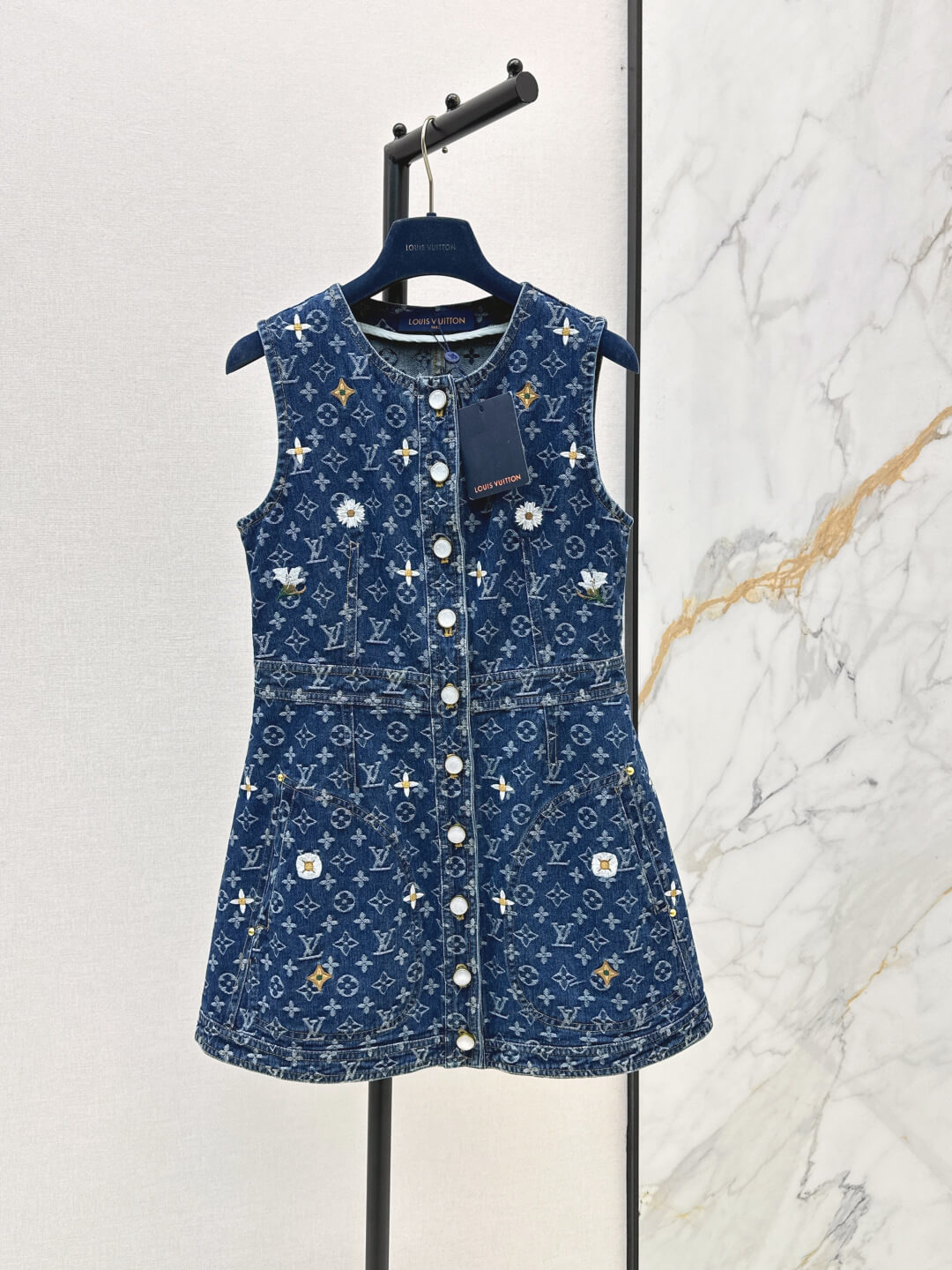 Louis Vuitton Monogram Floral Embroidered Sleeveless Denim Mini Dress.
