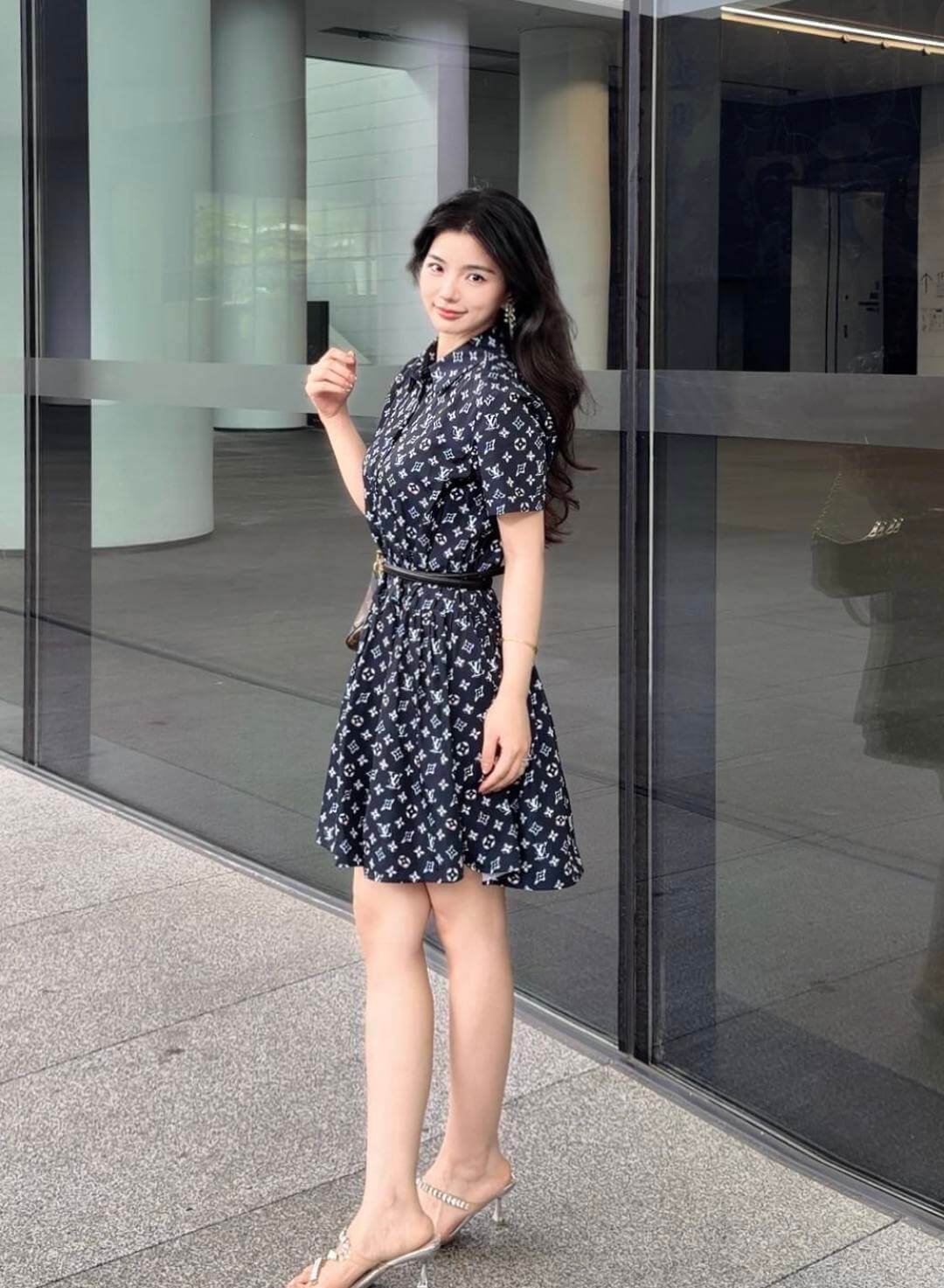 Louis Vuitton Monogram Short-Sleeve Belted Silk Shirt Dress.