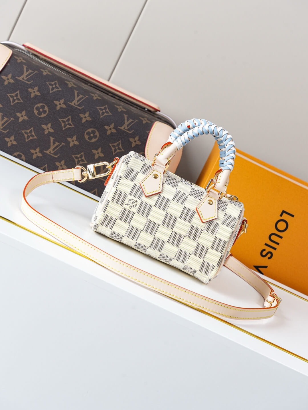 Louis Vuitton Nano Speedy Damier Azur Canvas Braided Handle Limited Edition Crossbody Bag