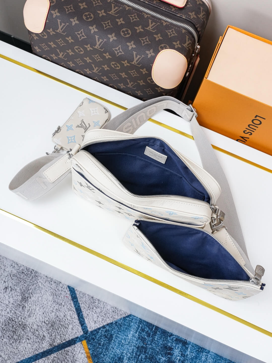 Louis Vuitton Trio Messenger Bag Monogram Empreinte Leather Cream Blue Grey Crossbody Bag - Image 4