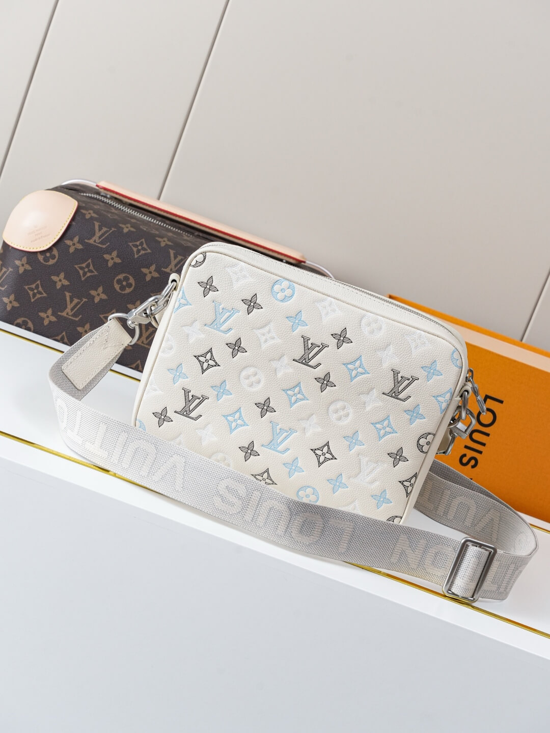 Louis Vuitton Trio Messenger Bag Monogram Empreinte Leather Cream Blue Grey Crossbody Bag - Image 7