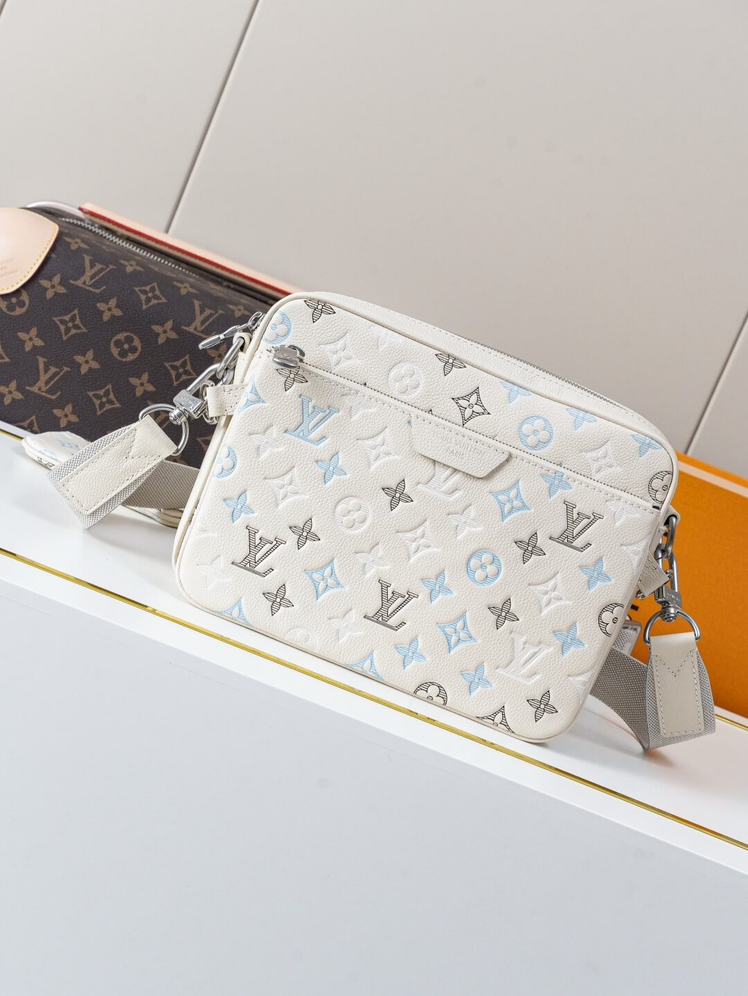 Louis Vuitton Trio Messenger Bag Monogram Empreinte Leather Cream Blue Grey Crossbody Bag