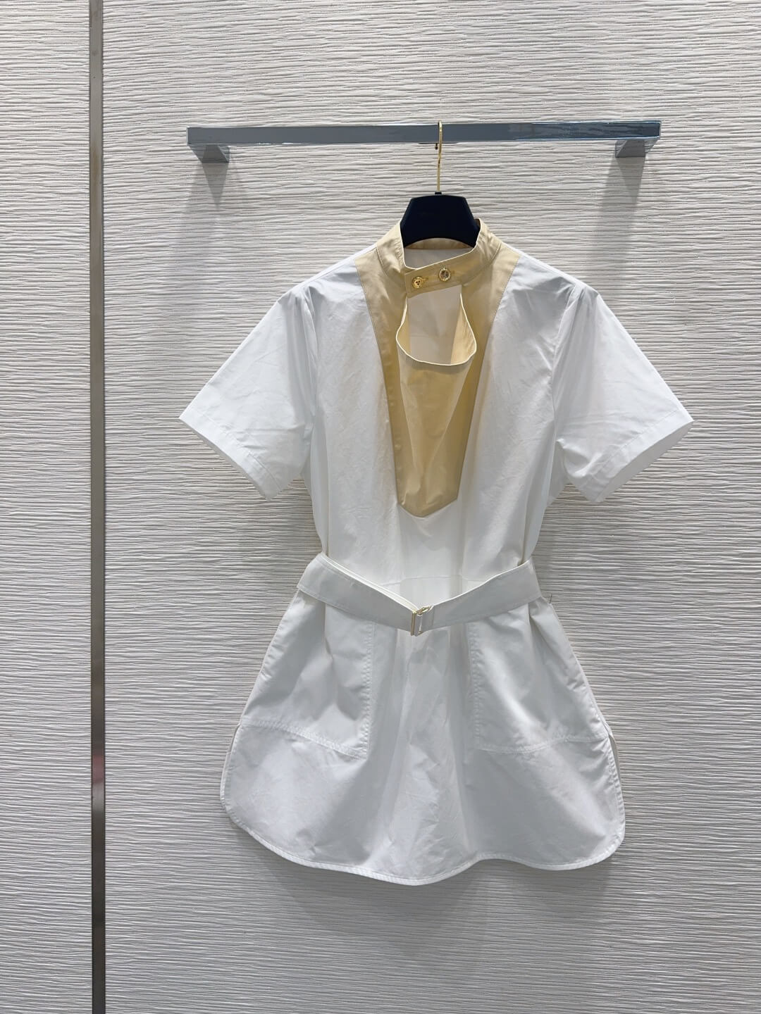 Louis Vuitton Two-Tone Short-Sleeve Belted Mini Shirt Dress.