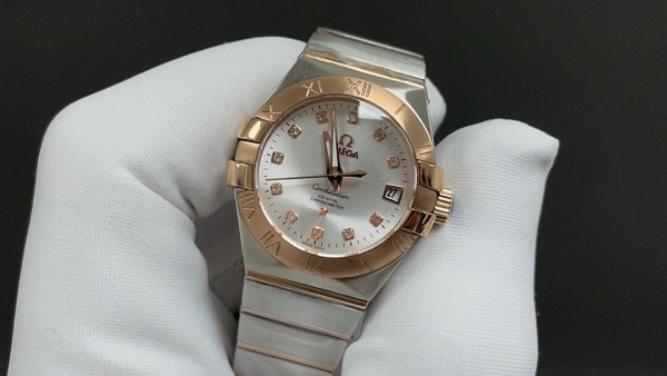 Omega Constellation Co-Axial Chronometer Diamond Bezel 18K Rose Gold Stainless Steel Ladies Watch