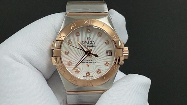 Omega Constellation Co-Axial Chronometer Diamond Bezel 18K Rose Gold & Stainless Steel Ladies Watch
