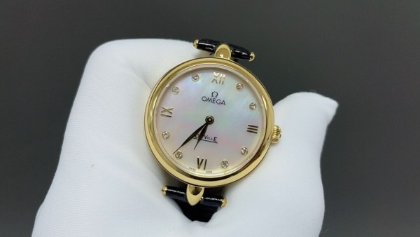 Omega De Ville Dewdrop 18K Yellow Gold Mother of Pearl Diamond Automatic Ladies Watch