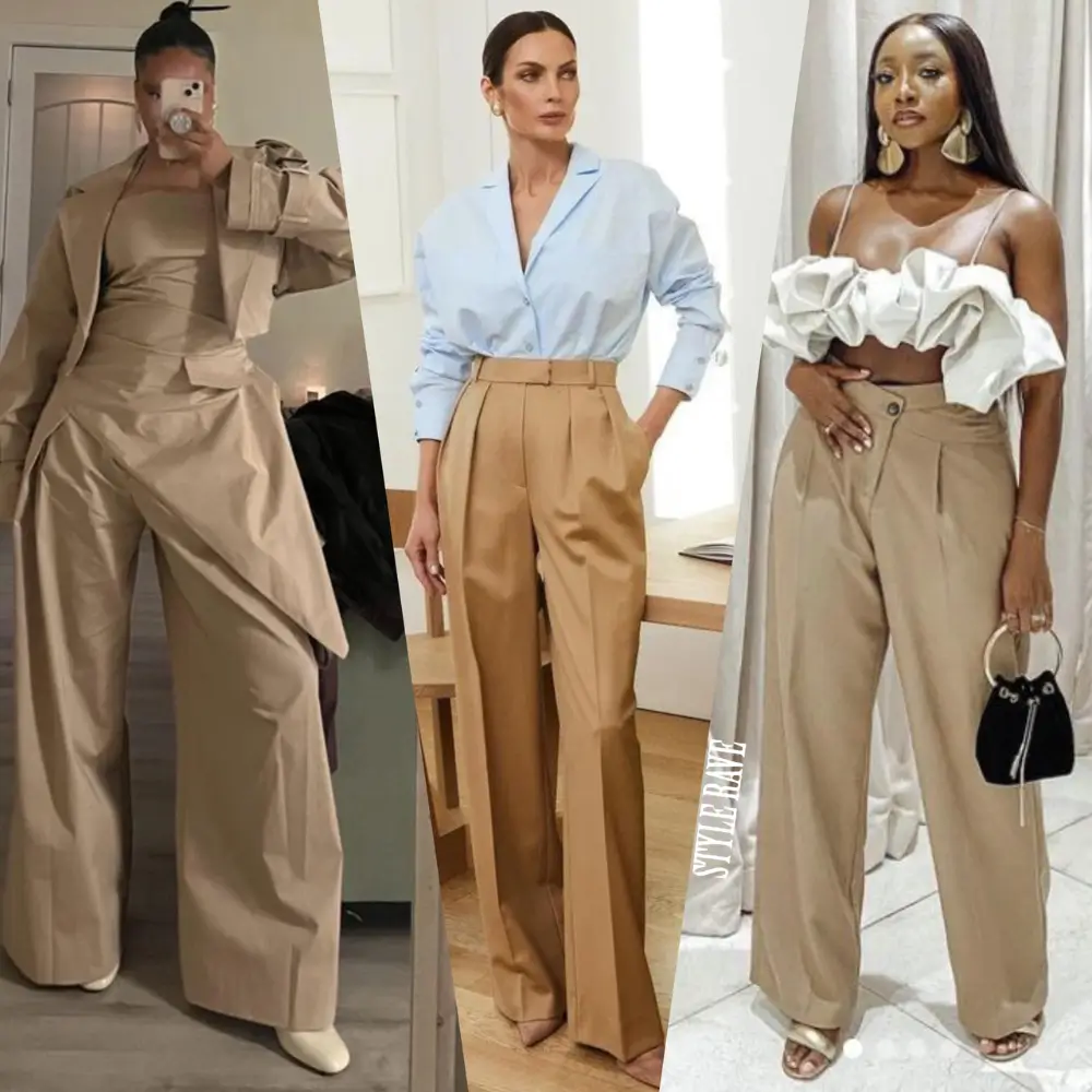 Style collage showcasing beige tailored wide-leg pants styled three ways: as a monochromatic trench co-ord, with a light blue button-down shirt, and with a white ruffled crop top.