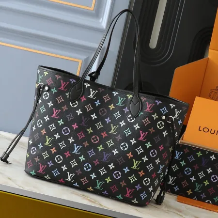 Louis Vuitton Neverfull MM black multicolor monogram canvas tote bag with slim shoulder straps, luxury designer everyday handbag.
