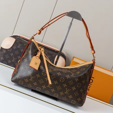 Louis Vuitton CarryAll PM Monogram canvas hobo shoulder bag with leather luggage tag, adjustable strap luxury designer handbag.