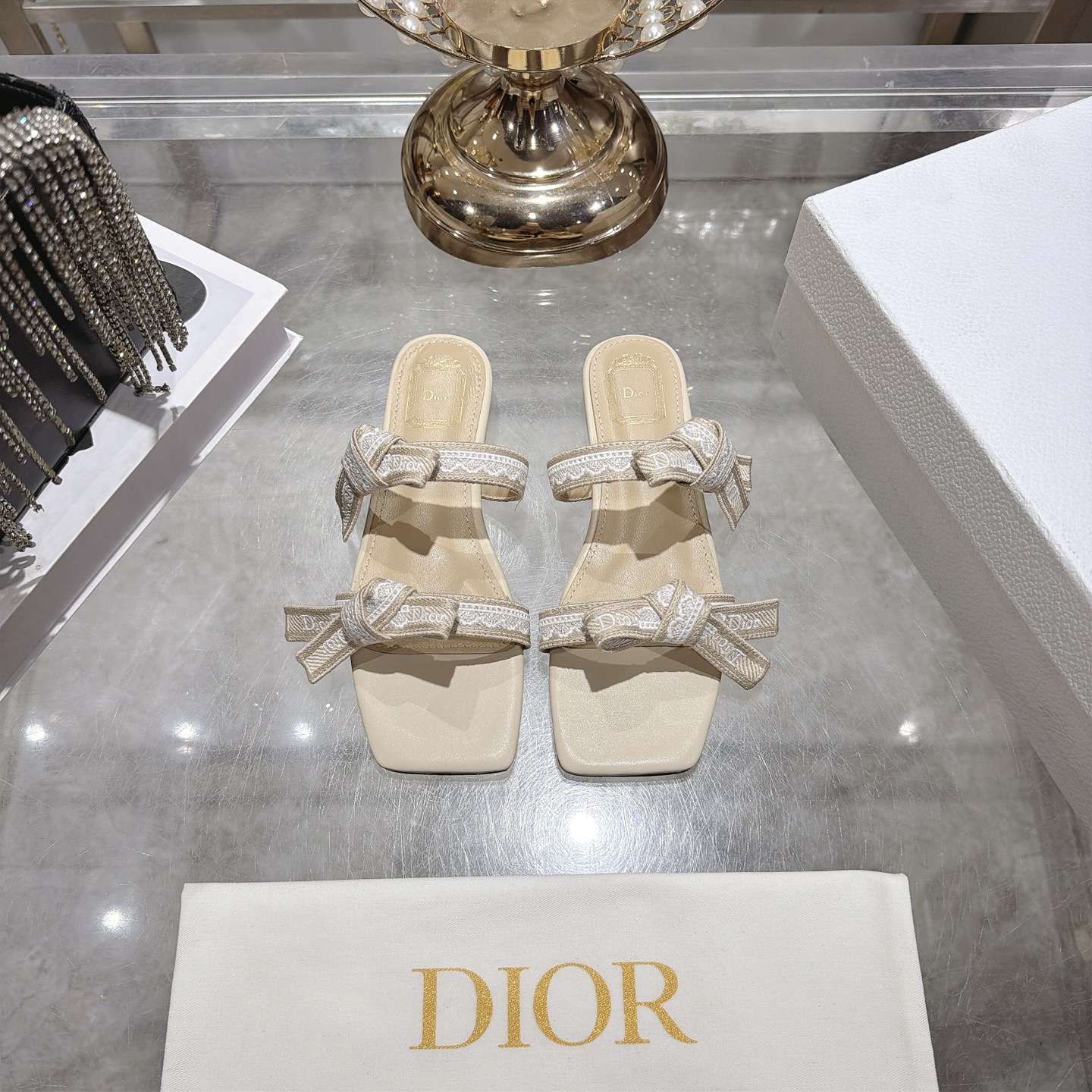 Dior Ivory Jacquard Bow Flat Slides - Image 2