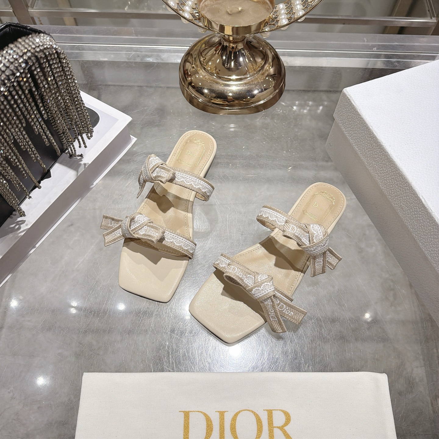 Dior Ivory Jacquard Bow Flat Slides - Image 7